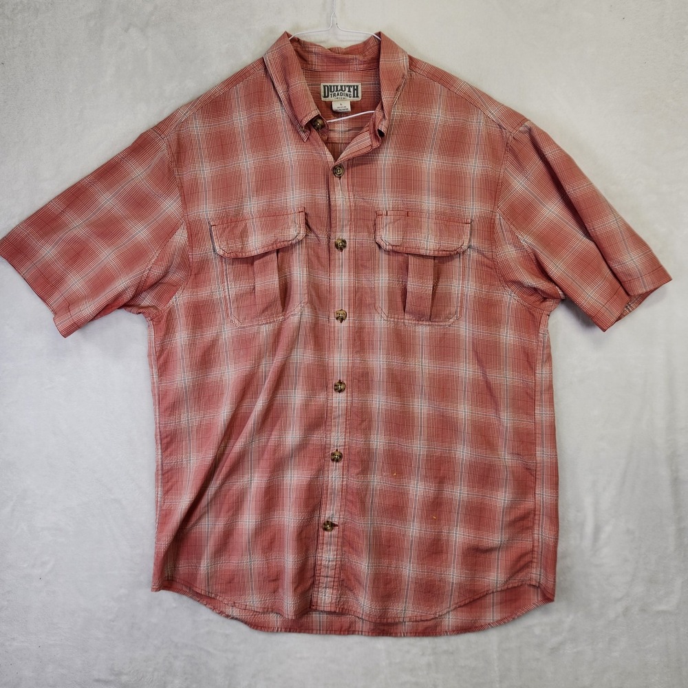Duluth Trading Co Mens Large Red Plaid Short Sleeve Button Down Work Shirt L